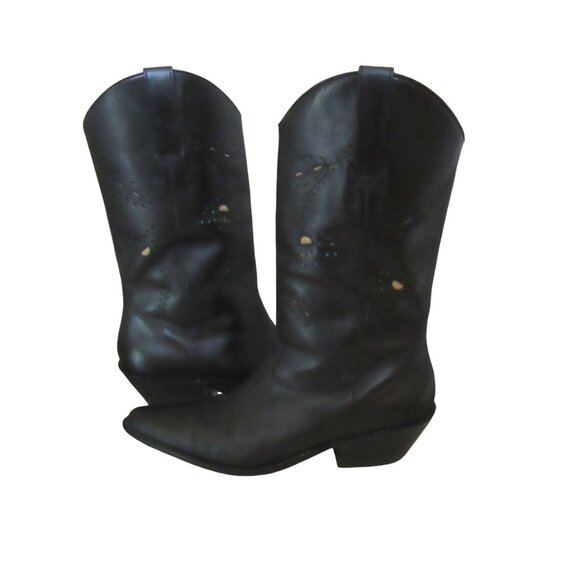 Matisse Cowboy Style Black Leather Boots w Laser Cut Design, Size 9M - Picture 3 of 6